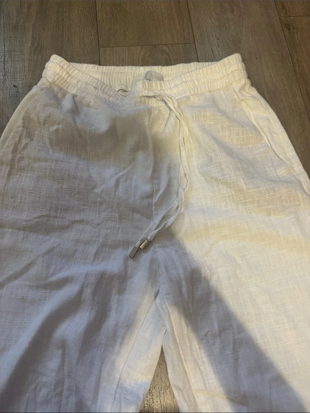 Zara White Linen Drawstring Relaxed Chinos
